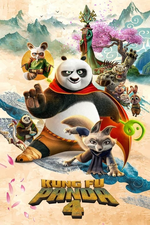 Kung Fu Panda 4 movie poster featuring Po the panda with red cape