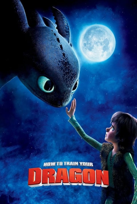 A boy reaches up to touch a large black dragon with glowing green eyes under a full moon