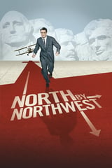 Man in suit running on red runway with biplane, Mount Rushmore in background, North by Northwest movie poster