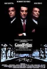 Goodfellas movie poster featuring Ray Liotta, Robert De Niro, and Joe Pesci in formal attire against a dark background with an urban street scene below
