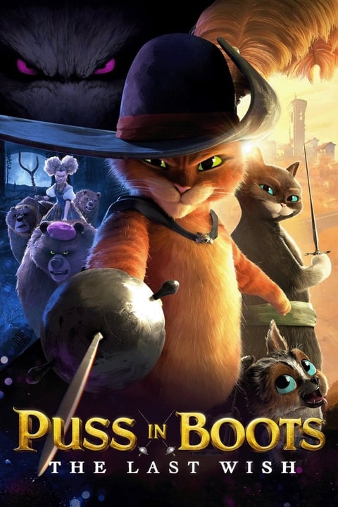 Animated movie poster for Puss in Boots: The Last Wish featuring the orange cat character wearing a black hat with sword