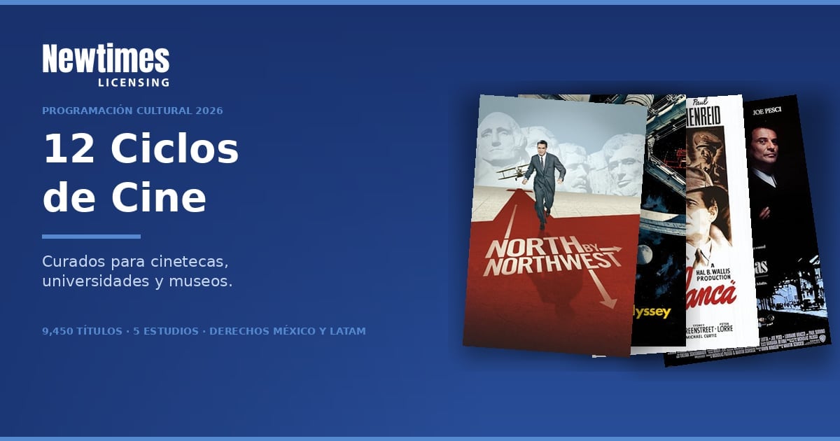 Newtimes Licensing promotional poster for 12 Ciclos de Cine featuring classic film covers displayed on a blue background